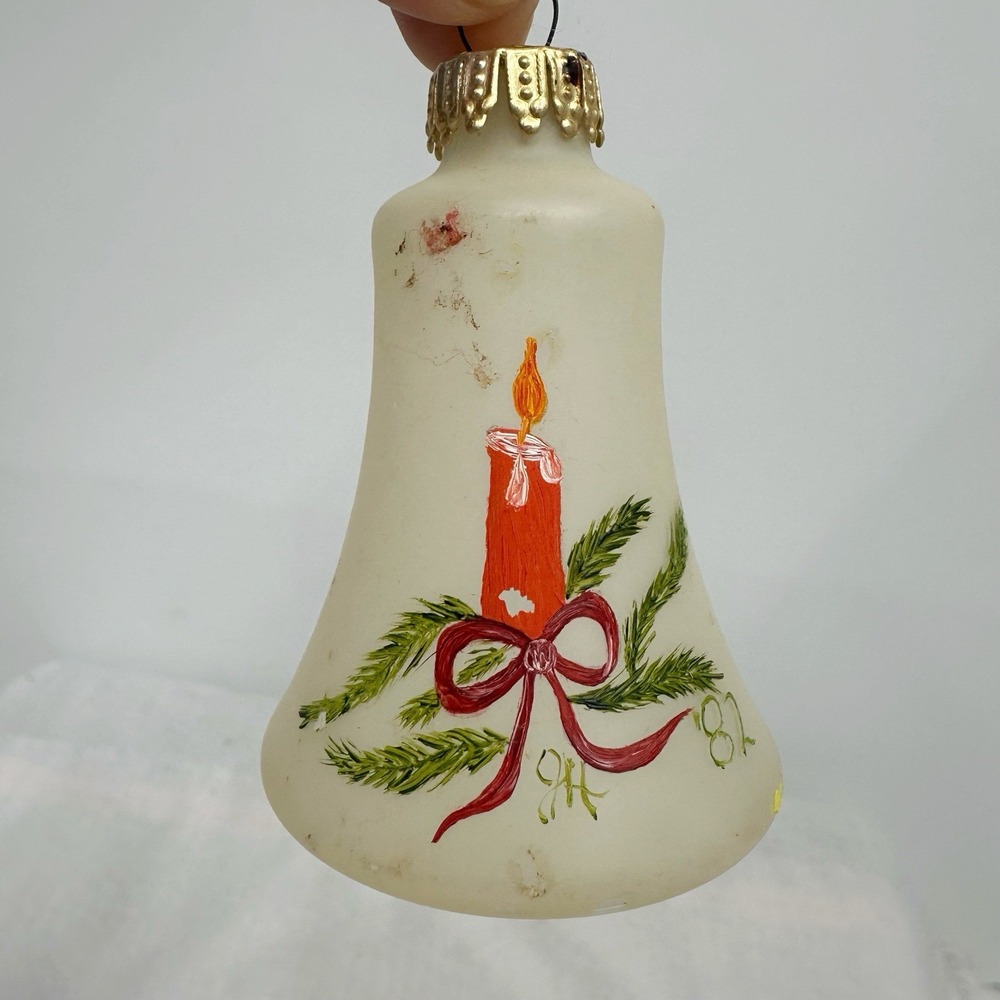 One Antique West German Hand‎ Blown Mercury Glass Bell Ornament Candle Pine Bow